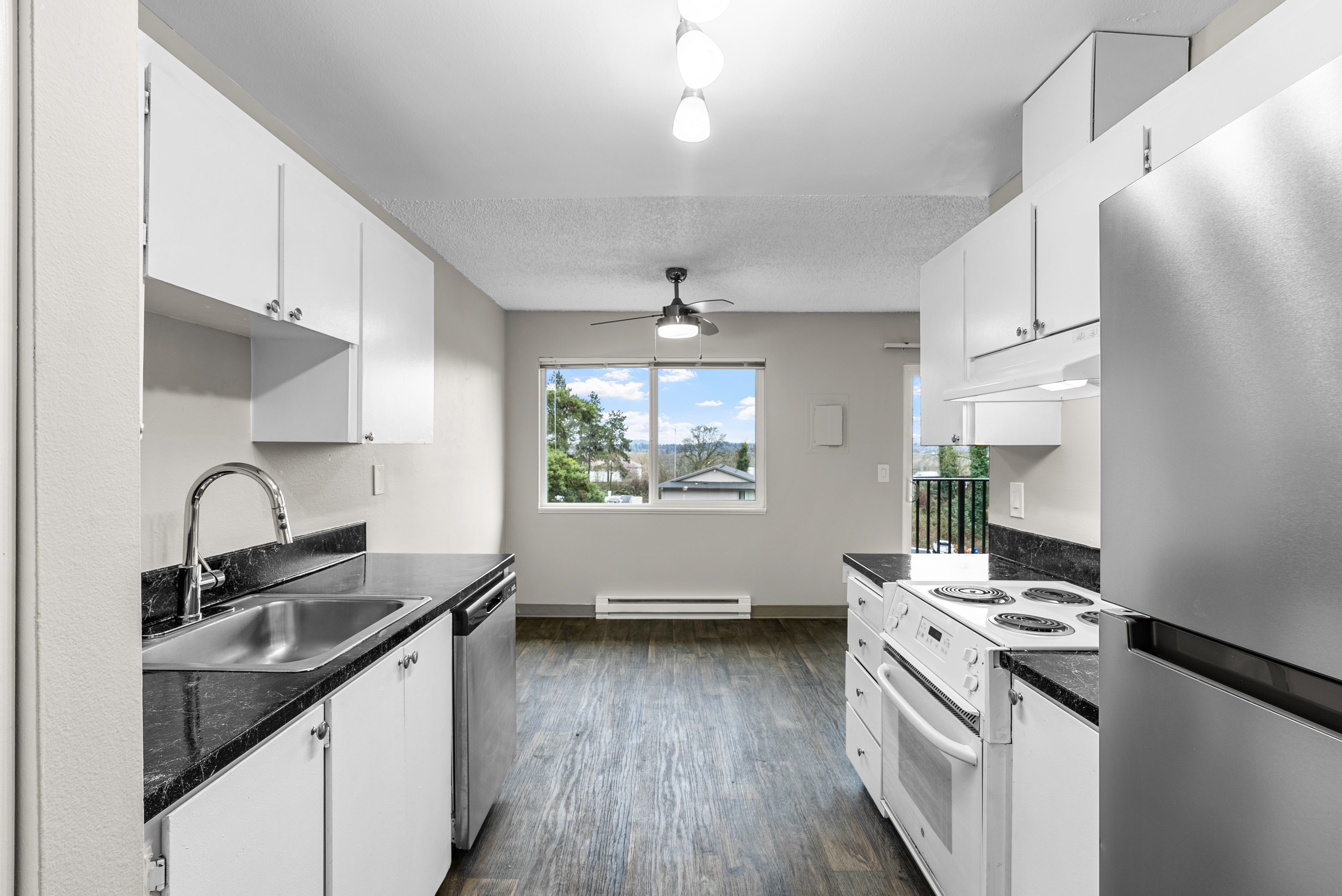 Portland apartment kitchen white cabinets interior photography